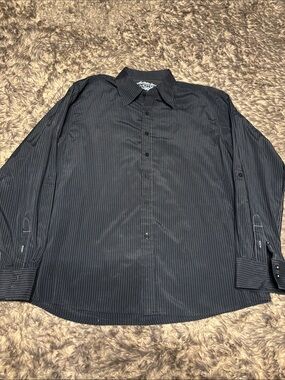 Moto Black Pinstripe Long-Sleeve Dress Shirt - Classic Point Collar